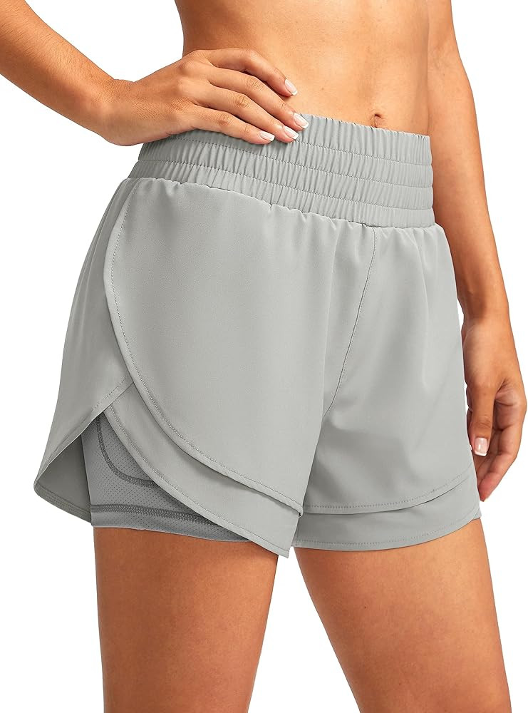 Soothfeel Women's 2 in 1 Running Shorts High Waisted Athletic Shorts Exercise Gym Workout Shorts ... | Amazon (US)
