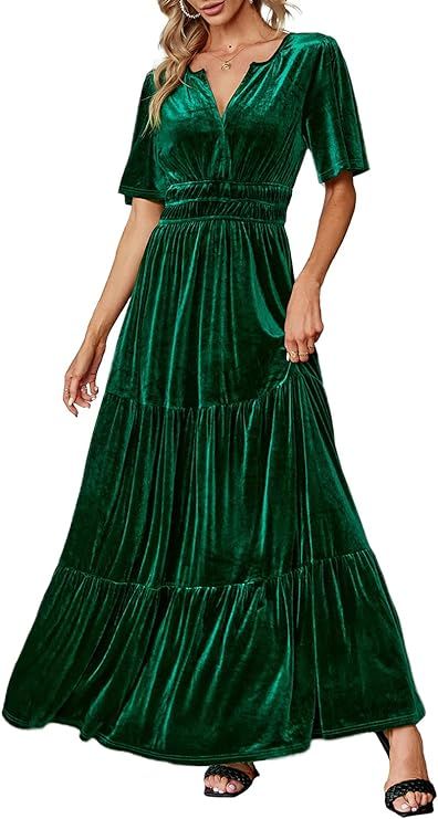 Amegoya Women's Velvet Short Sleeve V Neck Formal Wedding Guest Maxi Dresses Fall Evening Party L... | Amazon (US)