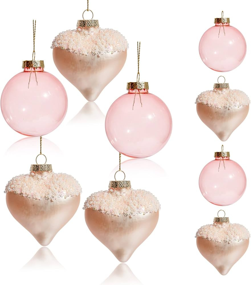 WDS WONDROUS Valentine Heart Ornaments Set of 9, Pearl Beaded Pink Ball Glass Decor with Gold Cap... | Amazon (US)