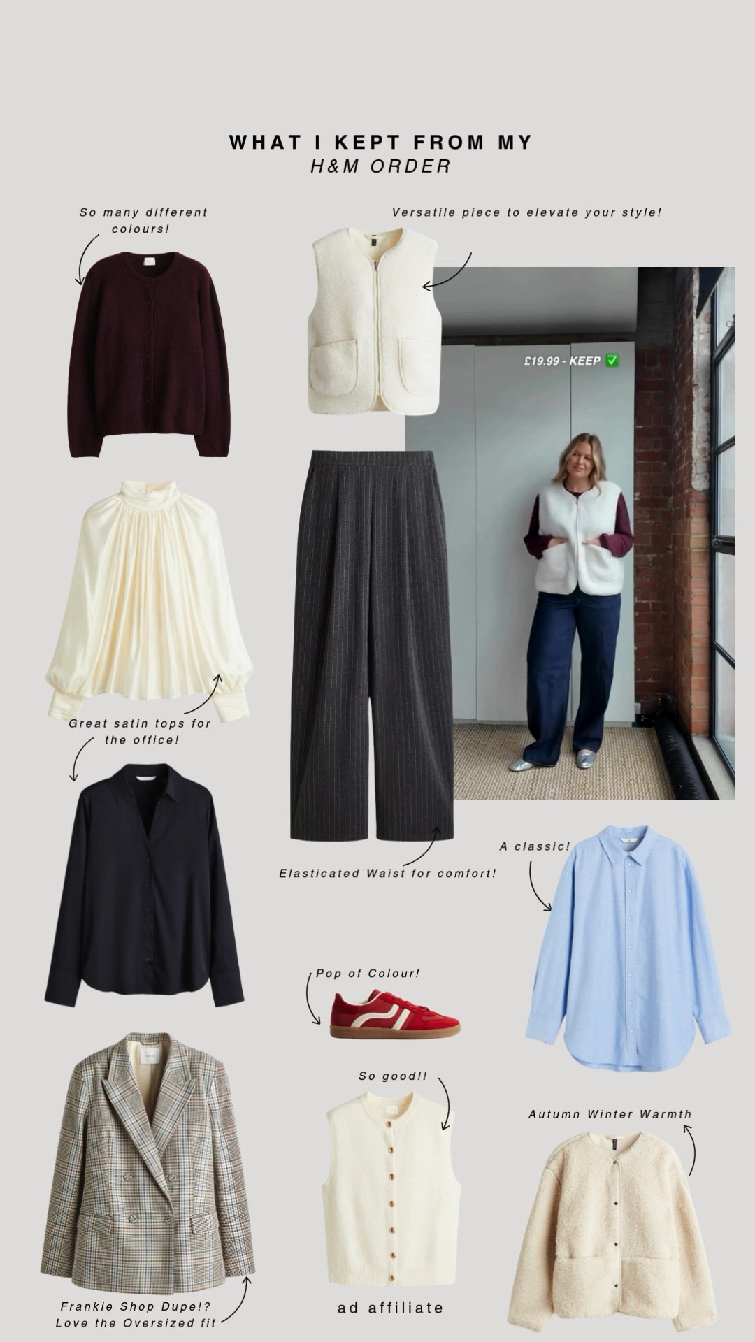 What I kept from my H&M Autumn Haul! 🍂 Everything is in a size 18 or XL 

Autumn Style, Autumn Fashion, Mid Size Haul, H&M, Autumn Staples, Knitwear, Wide Leg Trousers, Satin Shirt, Teddy Jacket, Sweater Vest, Red Trainers 
 

#LTKuk #LTKeurope #LTKautumn