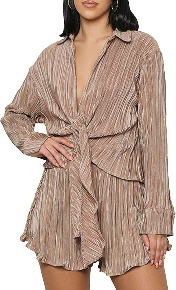Women's 2 Pieces Outfits Pleated Deep V Neck Tie Front Long Sleeve Blouse with Shorts | Amazon (US)