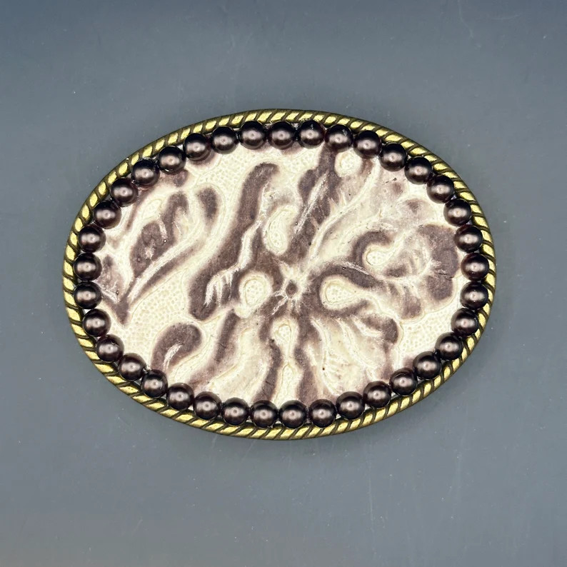 Embossed Leather Belt Buckle with Pearl Surround | Etsy (US)