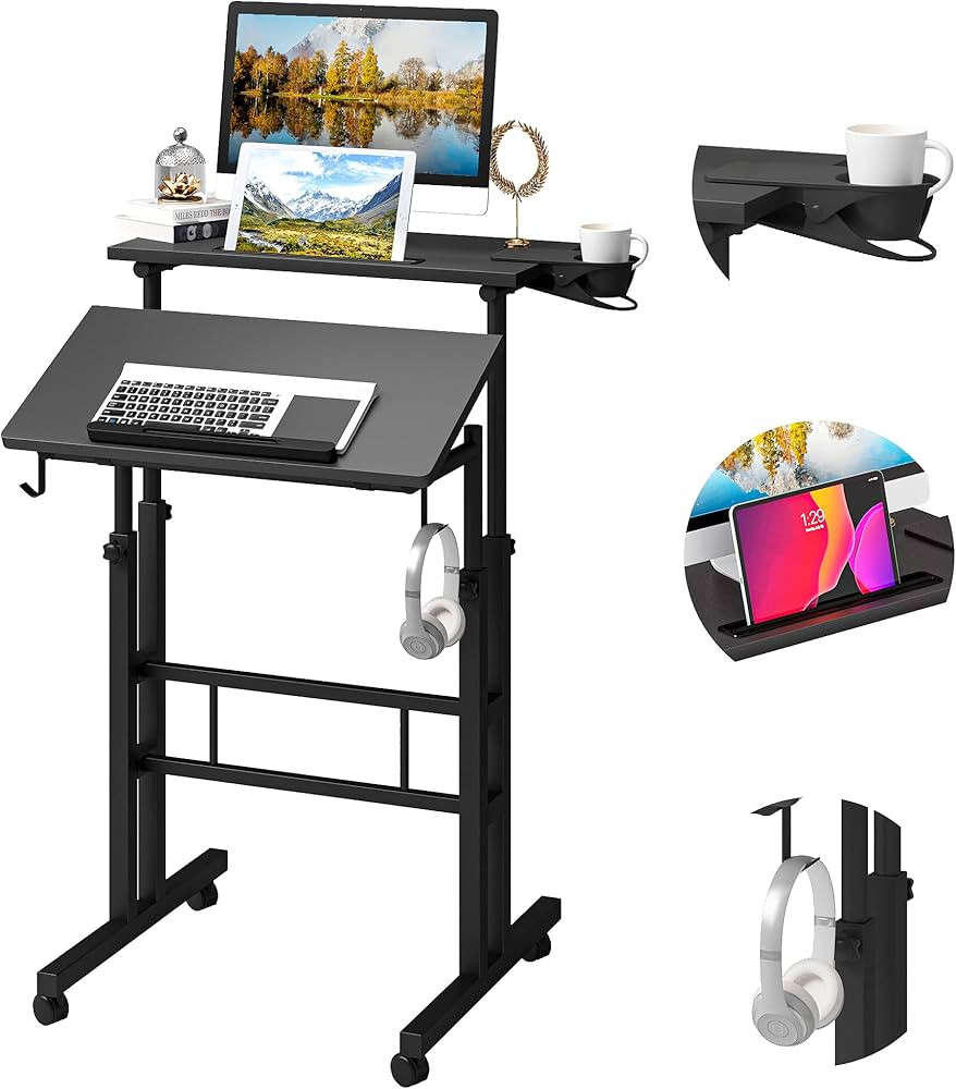 Klvied Mobile Standing Desk with Cup Holder, Portable Stand Up Desk, Adjustable Height Small Stan... | Amazon (US)
