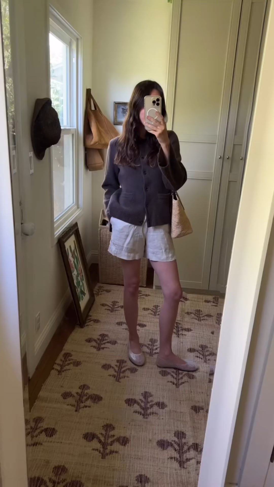 Brown cardigan, linen shorts and these jellies on repeat ♾️

#springoutfits #springstyle #casualoutfits quince structured cardigan brown, summer sweater outfits, casual outfit ideas, shorts and sweater outfits, linen shorts outfits, jelly flats outfits, jellies outfits, how to wear jellies, jelly outfit ideas, mom outfit, relaxed style, Michael stars linen shorts
