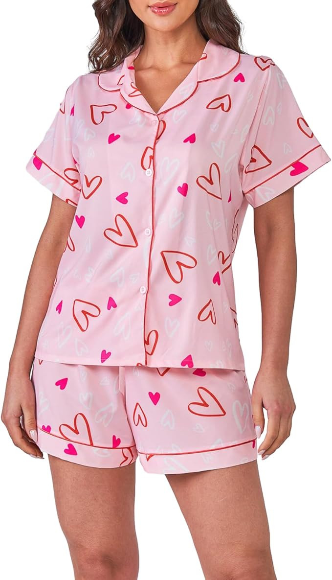 Womens Valentin's Day Pajamas Shorts Set Two-piece Pj Sets Heart Print Sleepwear Loungewear Butto... | Amazon (US)