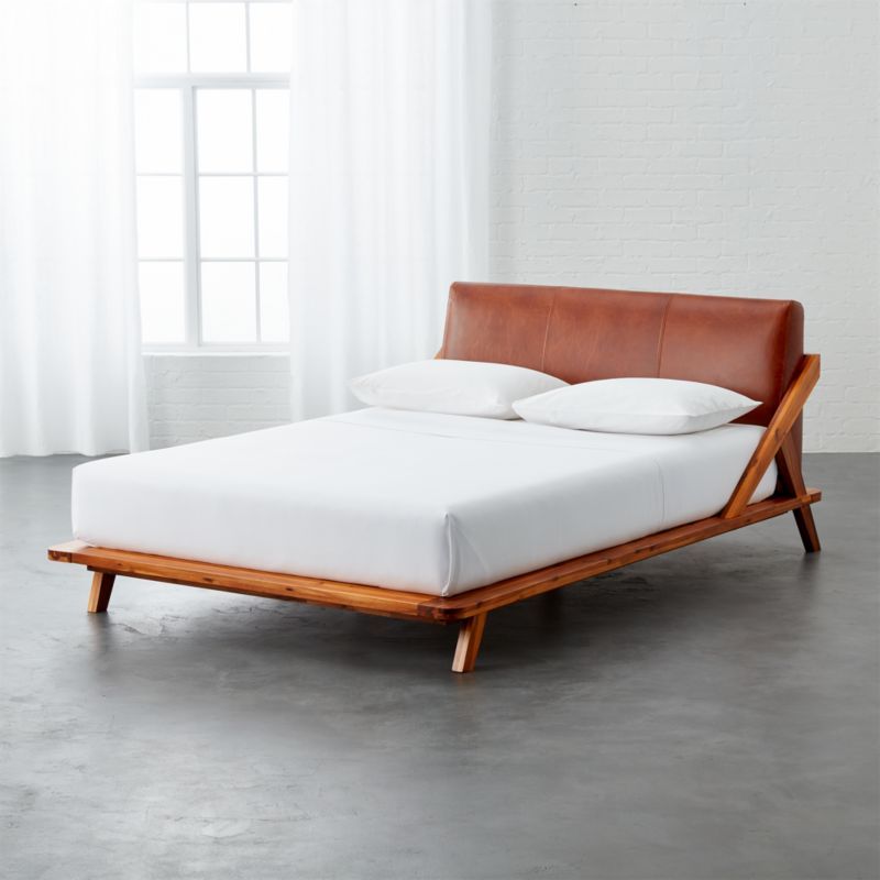 Drommen Acacia Modern Full Bed with Leather Headboard + Reviews | CB2 | CB2