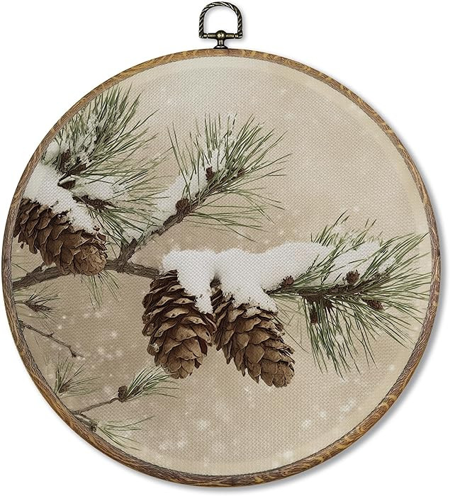 FUGWN Winter Christmas Pinecone Round Wall Art Decor Framed, Vintage Winter Canvas Artwork Prints... | Amazon (US)