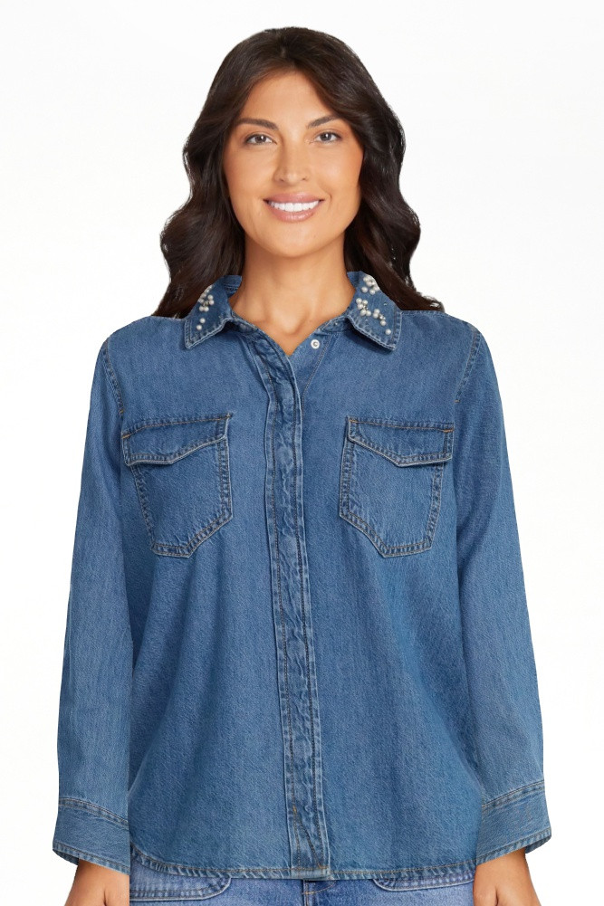 Free Assembly Women's Embellished Denim Shirt with Long Sleeves, Sizes XS-XXXL | Walmart (US)