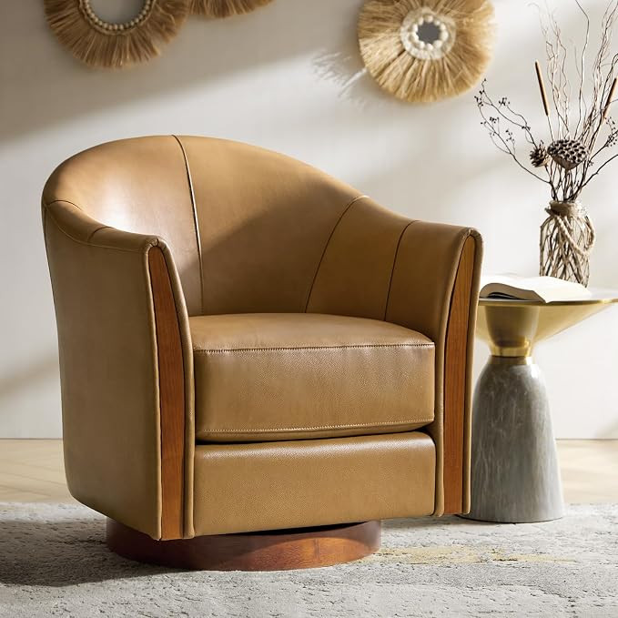 HULALA HOME Genuine Leather Swivel Accent Chair with Wood Base, Camel | 360-degree Round Swivel B... | Amazon (US)