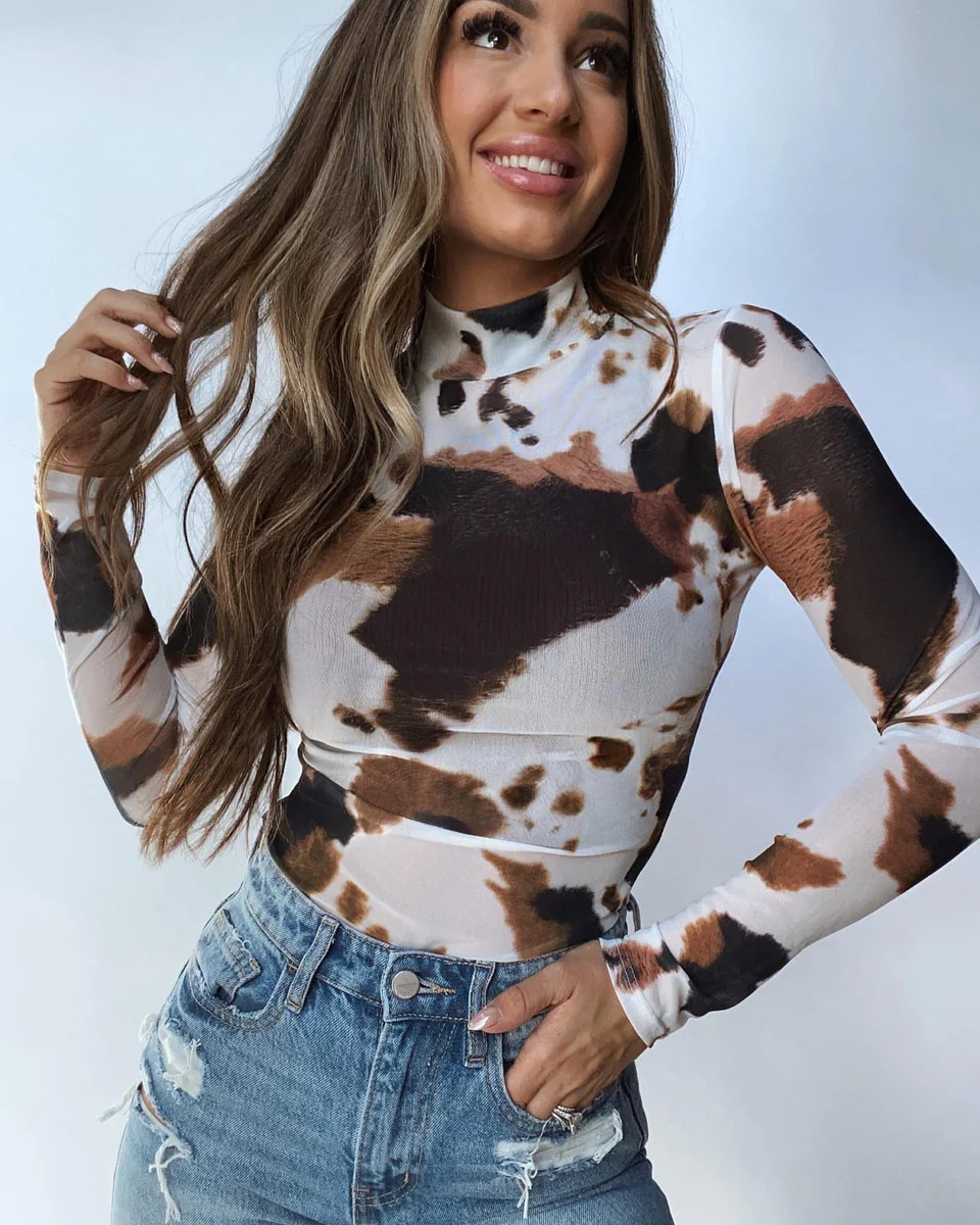 Howdy Mesh Cowprint Bodysuit Top | Willow Boutique