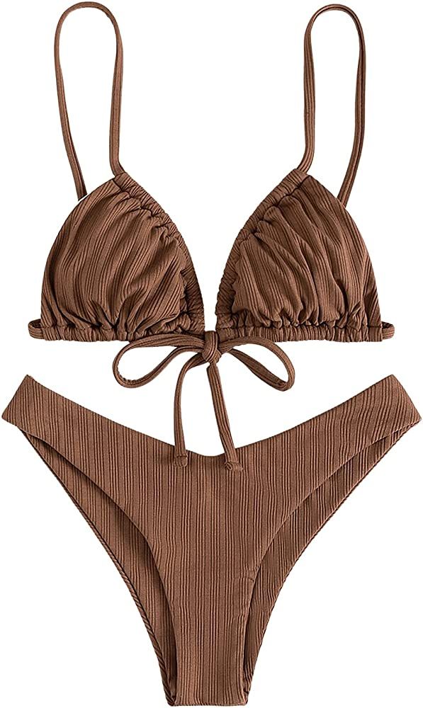 SweatyRocks Women's Sexy Ruched Tie Front 2 Piece Bikini Set Solid High Cut Triangle Swimsuit Bat... | Amazon (US)