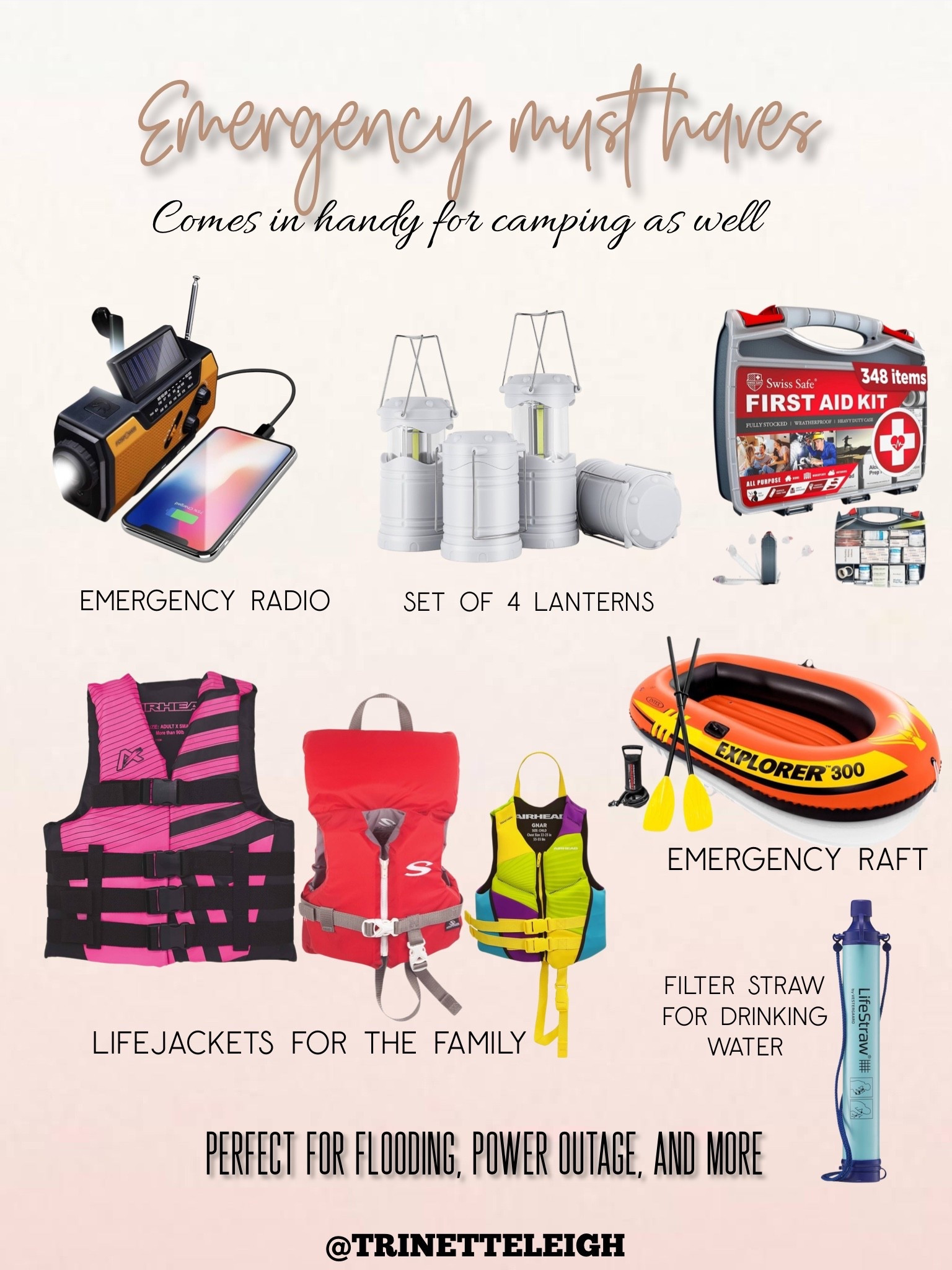 Emergency must have items. Items to prepare in case of flooding, power, outage, etc. Emergency radio, battery powered lanterns, first aid kit, life jackets for Family, emergency, raft, and filter straw for drinking water.

#LTKSeasonal #LTKHome #LTKFamily