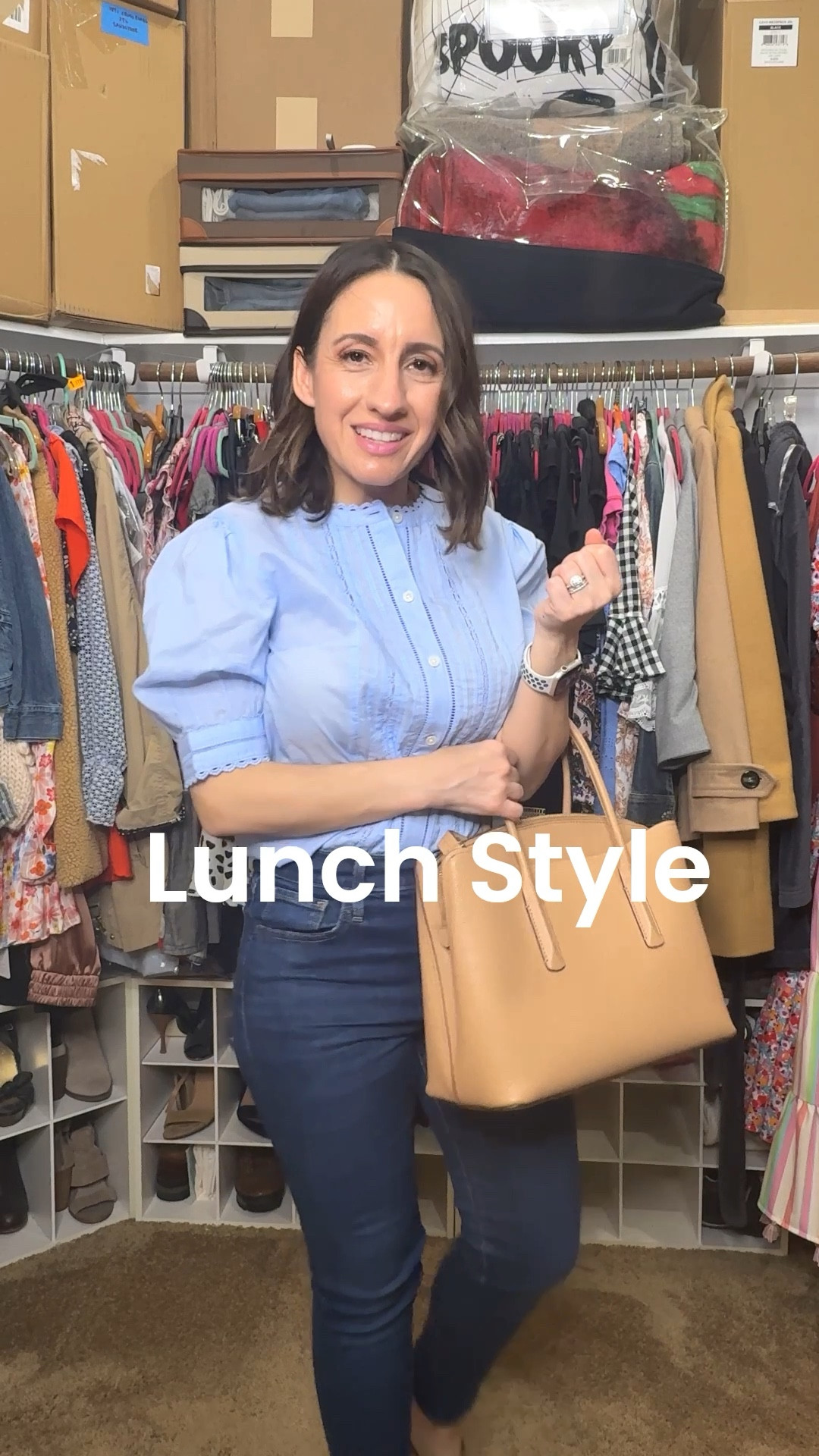 Lunch style 
Cute light blue top with puff sleeves. 
Levi’s jeans. Runs tts. 
Taupe hand bag. 
Wedge sandals. 
Petite outfit 


#LTKstorytime #LTKOver40 #LTKPetite