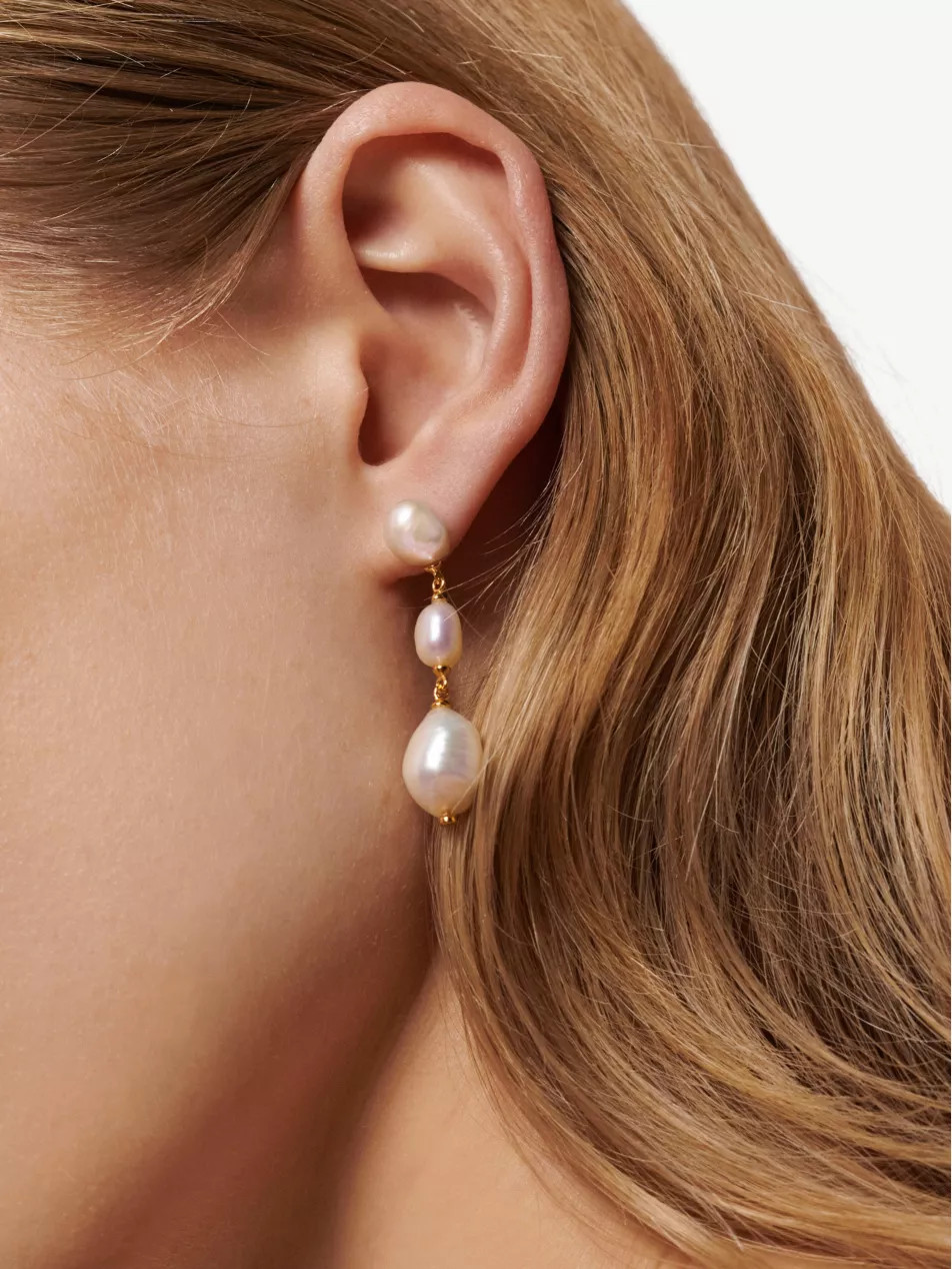 Nura triple pearl 18ct gold-plated vermeil sterling-silver drop earrings | Selfridges