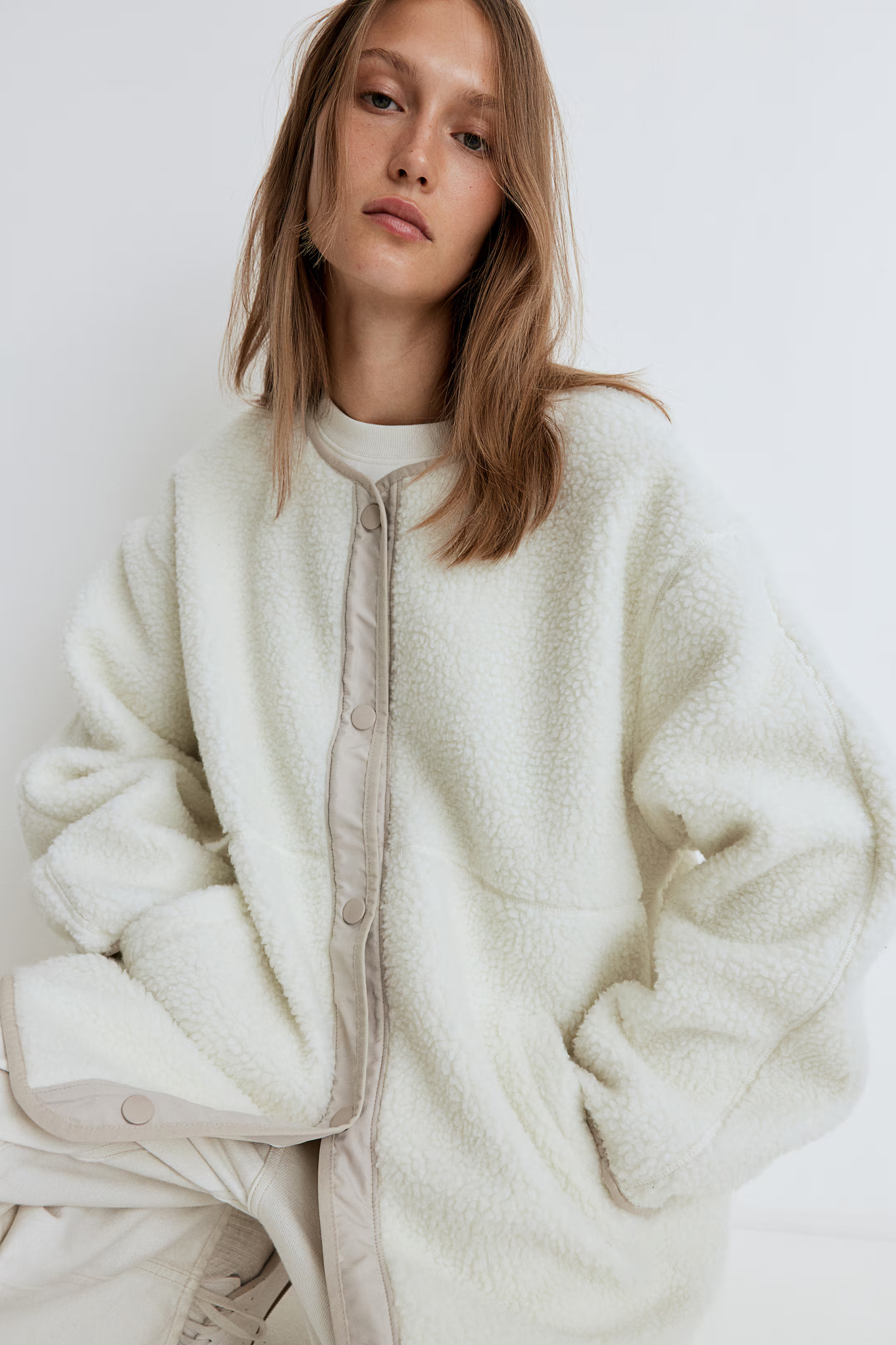 Teddy jacket - Round neck - Long sleeve - White - Ladies | H&M GB | H&M (UK, MY, IN, SG, PH, TW, HK)