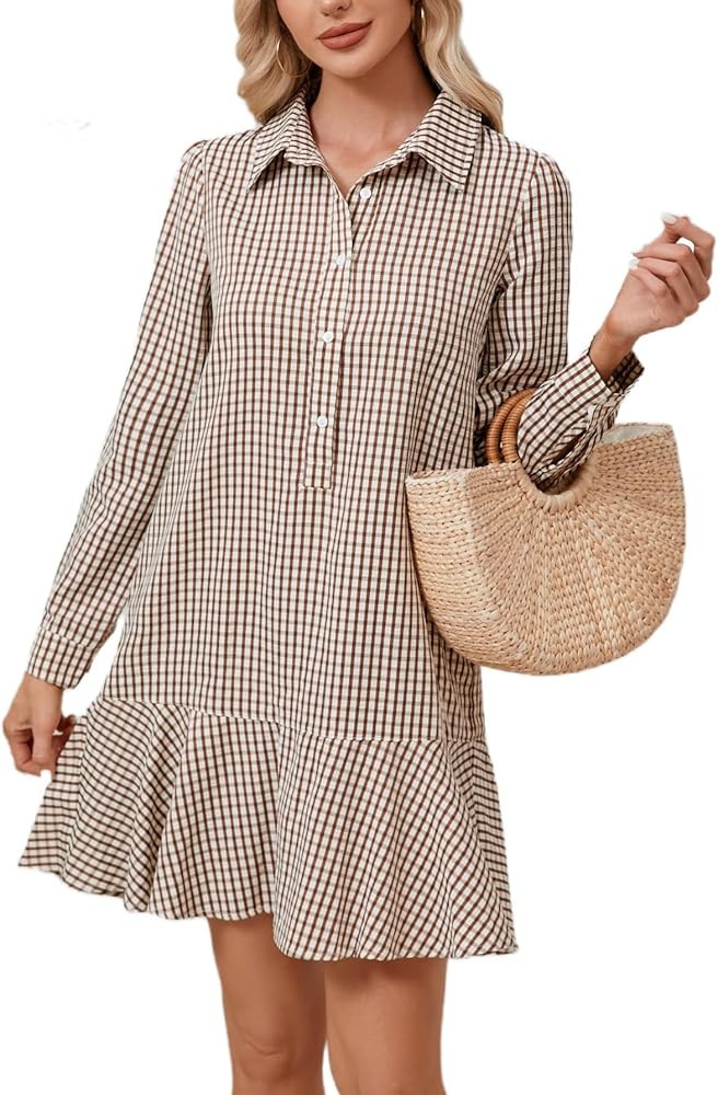 LifeShe Women's Tunic Mini Shirt Dress Cotton Long Sleeve Ruffle Hem Dress Button Up Shift Chambr... | Amazon (US)