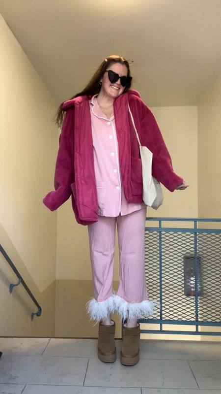 galentine's day / valentine's day party outfit, Sleeper Party Faux Feather 2-Piece Pajama Set, pjs, comfy clothes, matching set, co-ord, hot pink faux fur jacket / coat, fall / winter, harry styles tote bag, gold jewelry from Amazon (hoop earrings, rings), amazon Xiakolaka Women's Classic Platform Mini Boots Winter Suede Anti-Slip Ankle Snow Boots, on sale now, heart shaped sunglasses, black Vintage Cat Eye Mod Style Retro Glasses, pink hair clips from Amazon

#LTKfindsunder50 #LTKstyletip #LTKfindsunder100