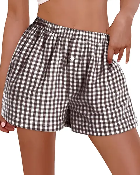 Women Boxer Shorts Summer Gingham Pj Casual Plaid Bottoms with Pocket