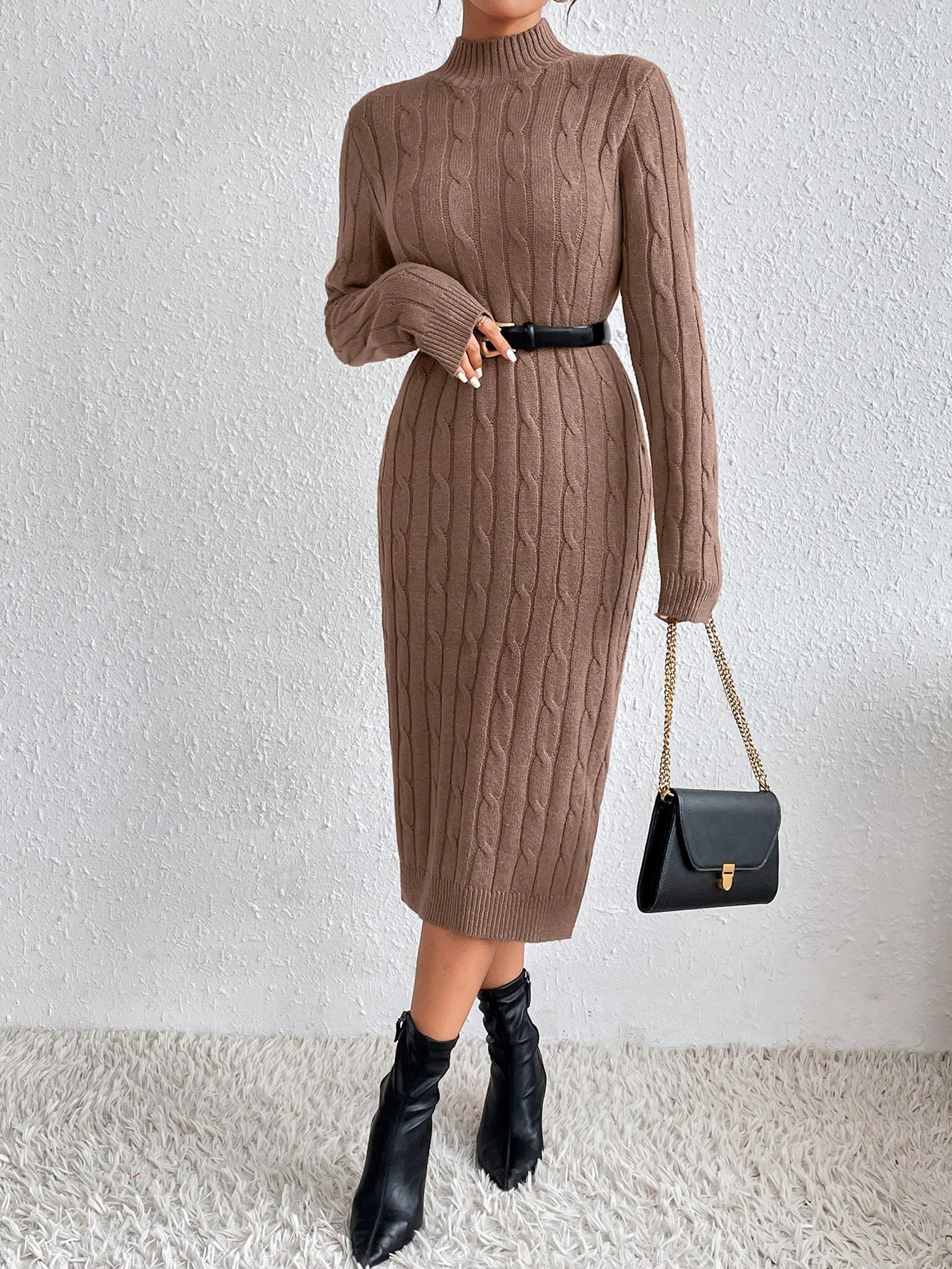 SHEIN Essnce Turtleneck Cable Knit Sweater Dress Without Belt | SHEIN