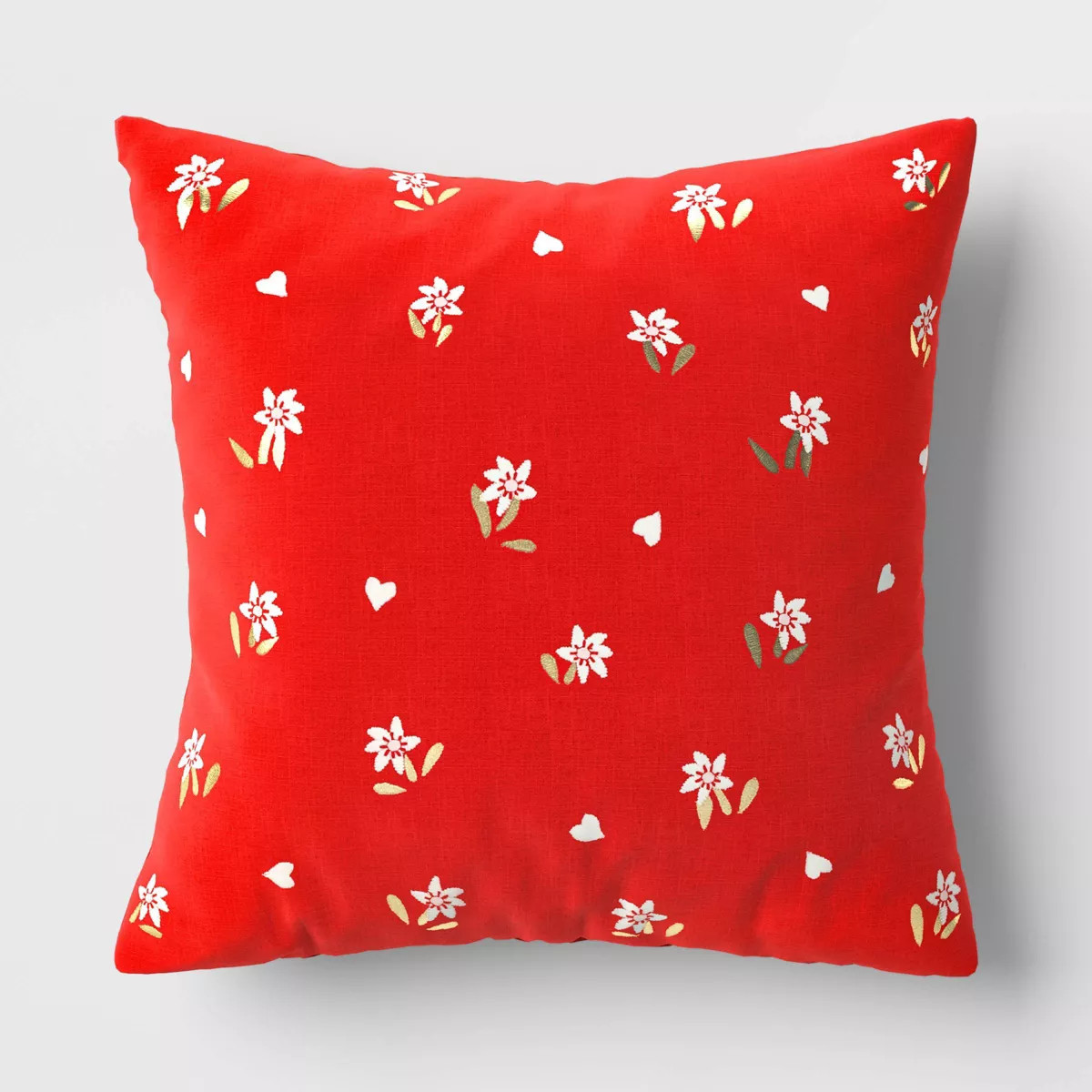 Square Embroidered Floral and Hearts Pillow Red/Pink/Metallic Gold - Threshold™ | Target