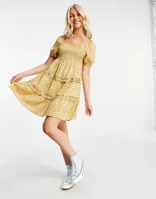 Influence shirred bust tiered mini dress in yellow floral print | ASOS (Global)