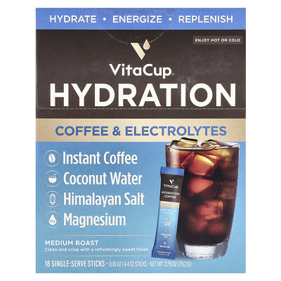 VitaCup, Hydration Instant Coffee & Electrolytes, Medium Roast, 18 Single-Serve Sticks, 0.16 oz (4.4 g) Each | iHerb