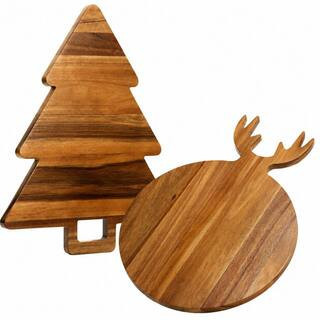 Christmas Acacia Wood Cutting Board Charcuterie Set of 2, Antler and Christmas Tree Shapes with Curved | The Home Depot