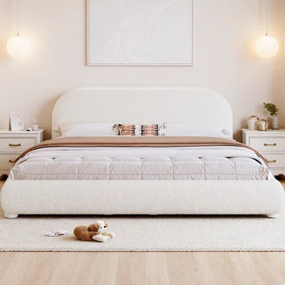 Cream Boucle Upholstered Platform Bed with Curved Headboard, Modern Wood & Metal Frame Double Bed with Textured Fabric, 800 lb Capacity, Easy 40-Minut | Wayfair North America