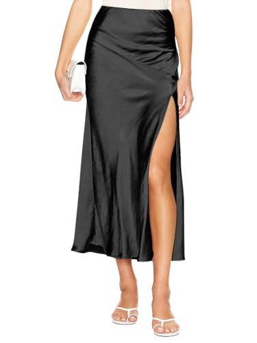 Ezcosplay Womens Satin Silk Maxi Skirt with Slit Elastic High Waist Sexy Thigh Split Silky A Line Long Skirts Black | Amazon (US)