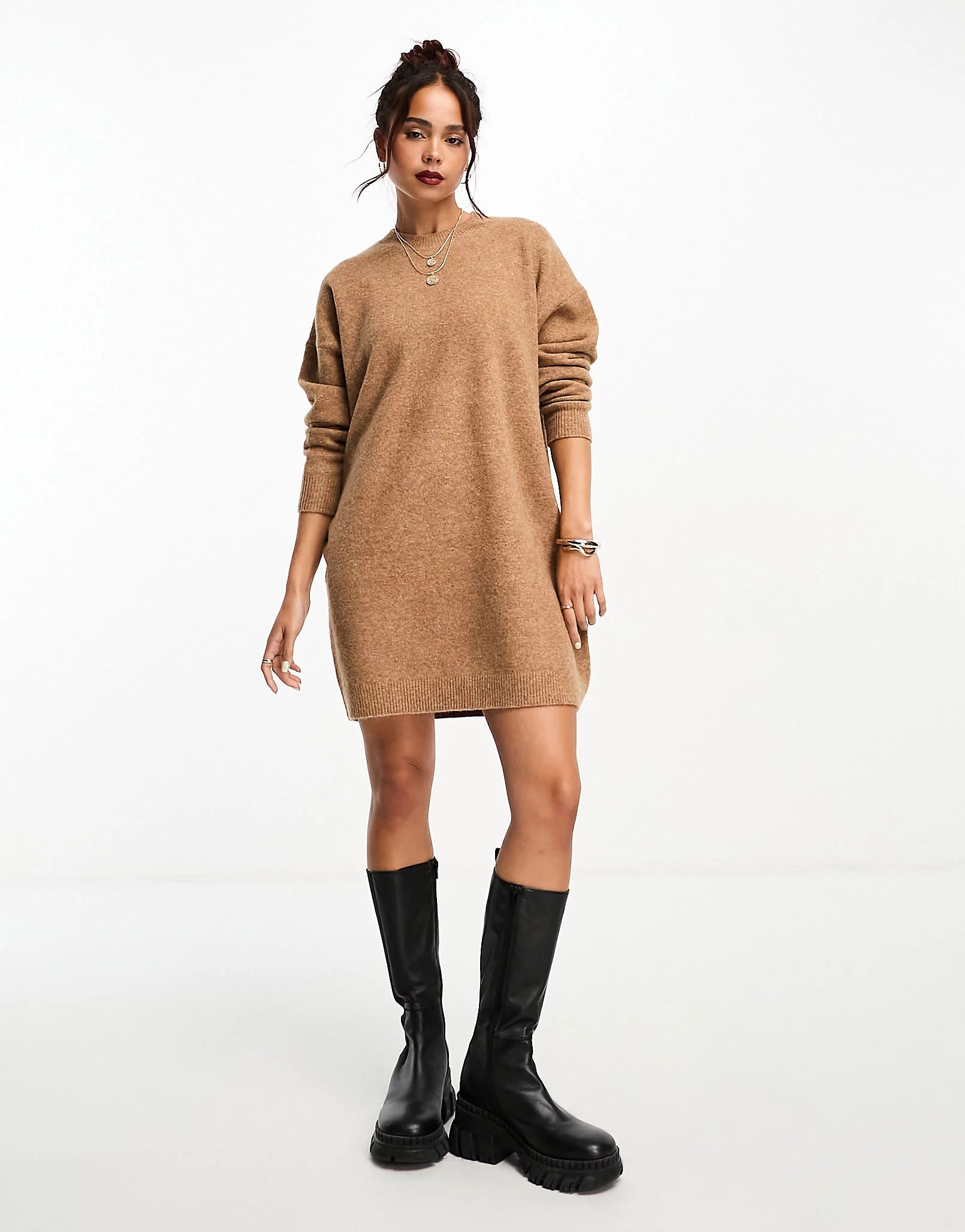 ASOS DESIGN knit mini sweater dress with crew neck in camel | ASOS (Global)