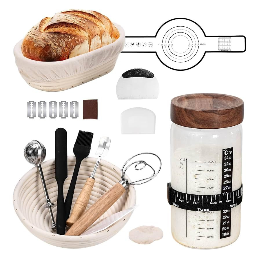 Sourdough Bread Baking Supplies and Starter Kit (2 rattan Banneton Bread Proofing Baskets and a j... | Amazon (US)