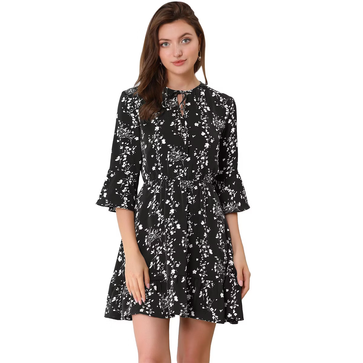 Allegra K Women's Floral Tie Keyhole Neck Bell Sleeves Ruffle Dress Black Large | Target
