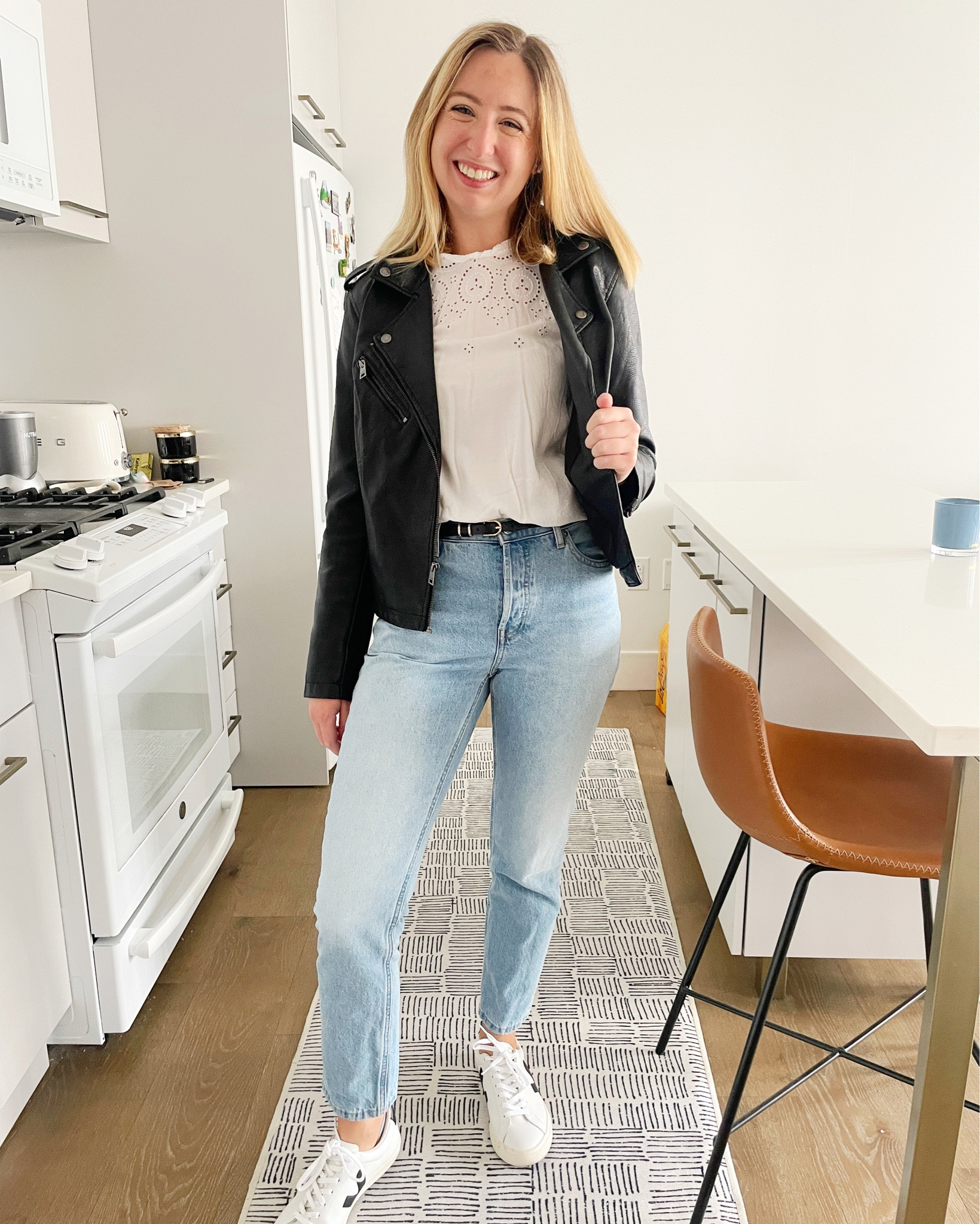 Easy outfit for the weekend or tech office. Now that it’s finally getting warmer in Philly I can put away the winter coats 🙌
•
M in leather jacket @levis @amazon
Top is old @loft 
27 in 90s cheeky jean @everlane 
8.5 in @veja sneakers
Belt @amazon
•
•
•
•
•
•
#leatherjacket #leatherjacketoutfit #easyoutfit #casualoutfit #chicoutfit #edgyoutfit #ootd #everydayoutfit #everydayfashion #springfashion #springweather #whitetee #lightjeans #sneakers #leathersneakers #casualfashion #casuallook #easylook #easyfashion #easystyle #casualstyle #edgystyle #edgylook #edgyfashion #springlook

#LTKSeasonal #LTKFind #LTKstyletip