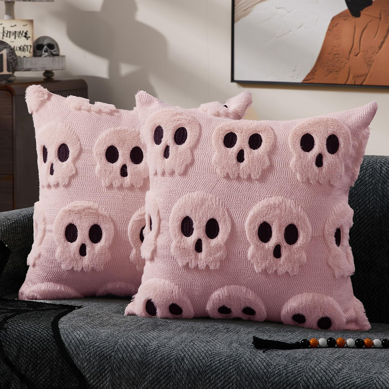 DFXSZ Halloween Pillow Covers 18x18 inch Set of 2 Pink Skeletont Halloween Decorations Soft Plush... | Amazon (US)