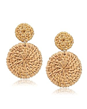 Weave Straw Double Disc Drop Earrings Boho Rattan Dangle Statement Earrings (rattan disk dark) | Amazon (US)