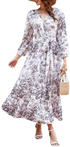 YEXPINE Women's Ruffle Maxi Dress Puff Sleeve Flowy Tiered Long Dress with Belt | Amazon (US)