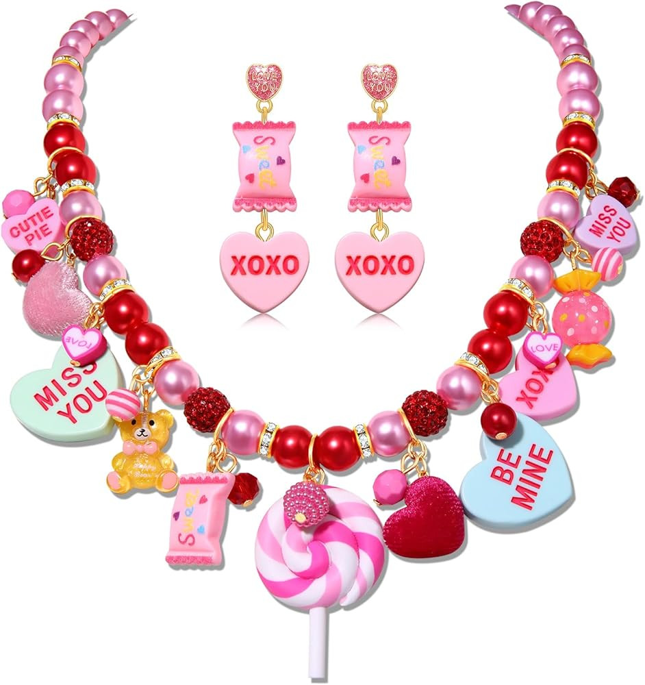 Valentine’s Day Necklace Earrings for Women LOVE XOXO Conversation Heart Choker Necklace Pink C... | Amazon (US)