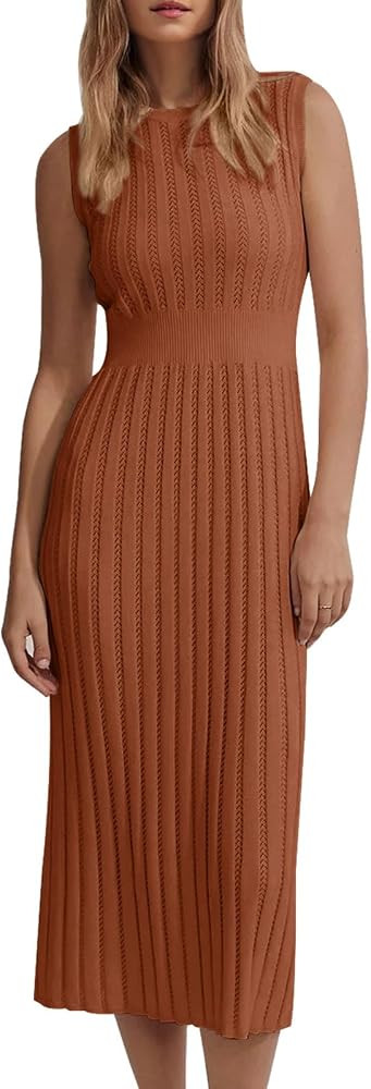 Danedvi Women's Knit Midi Tank Dress 2024 Summer Sleeveless Ribbed Crew Neck Bodycon Casual Basic... | Amazon (US)