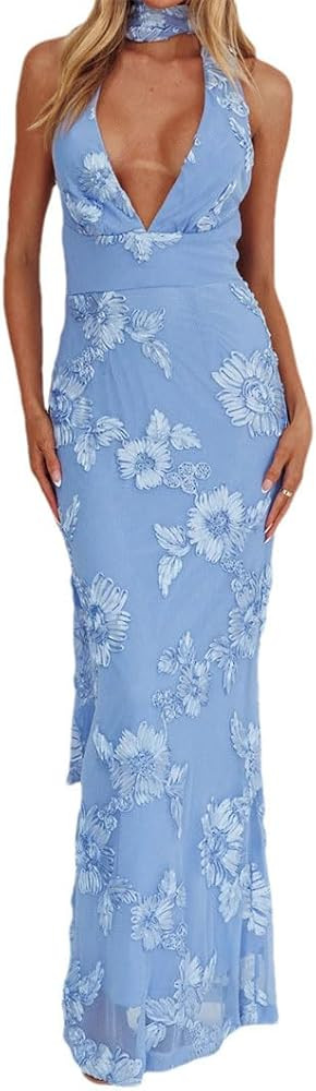 Women Lace Detailing Sleeveless Backless Evening Formal Events and Weddings Elegant V-Neck Maxi D... | Amazon (US)