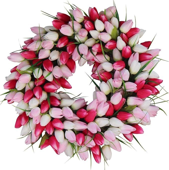 The Wreath Depot Pink and White Tulip Front Door Wreath, 19 Inch, Stunning Silk Front Door Wreath... | Amazon (US)