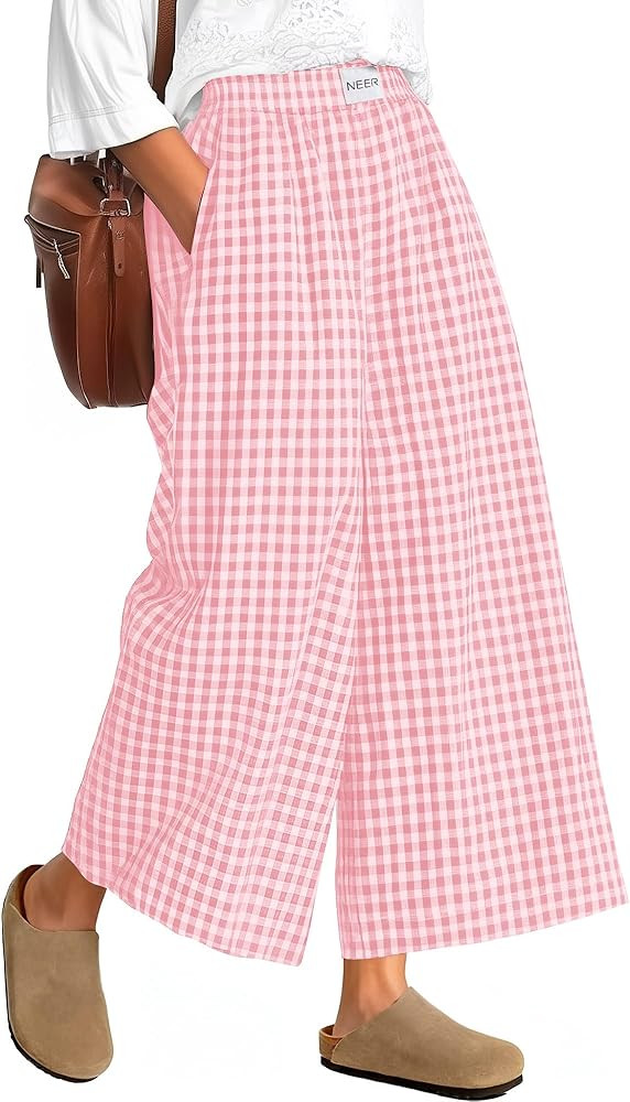 Neer Women's Plaid Gingham Skirt Pants Flowy Oversized Wide Leg Culottes Elastic Waist Palazzo Ca... | Amazon (US)