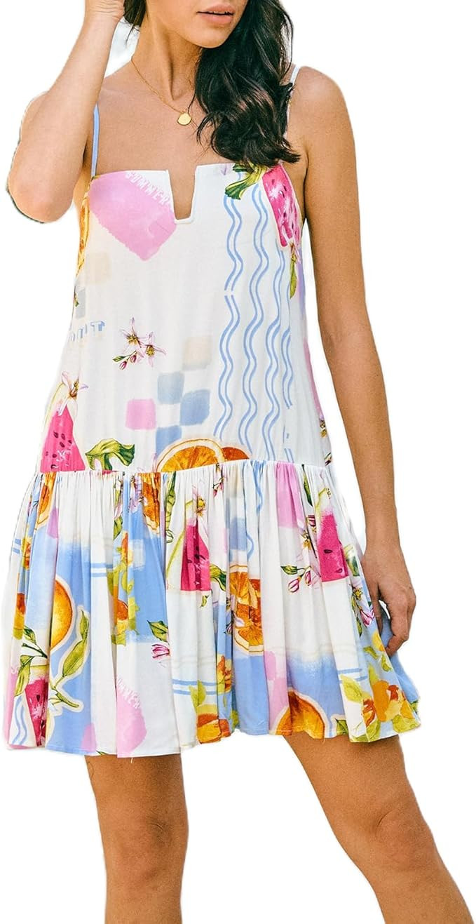 Women Graffiti Mini Cami Dress Spaghetti Strap Floral Boho Short Dress Flowy Sling Dress Summer H... | Amazon (US)