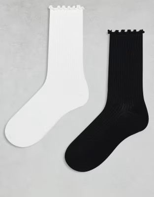 Cotton On 2 pack the perfect pair frill rib crew sock in black and white | ASOS (Global)
