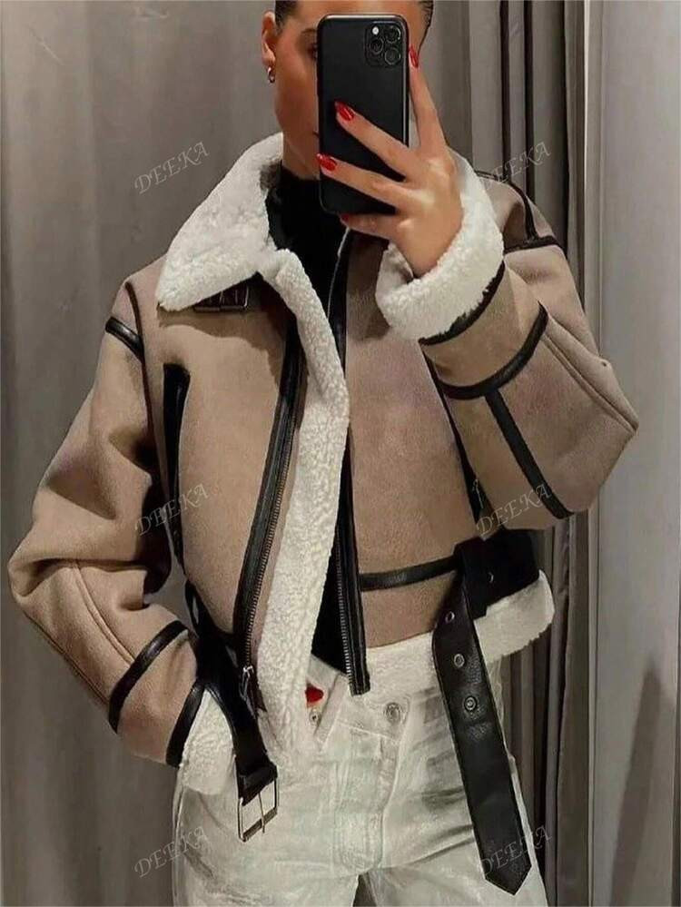 DEEKA Autumn/Winter New Women's Faux Fur Lined Moto Jacket Short Coat | SHEIN