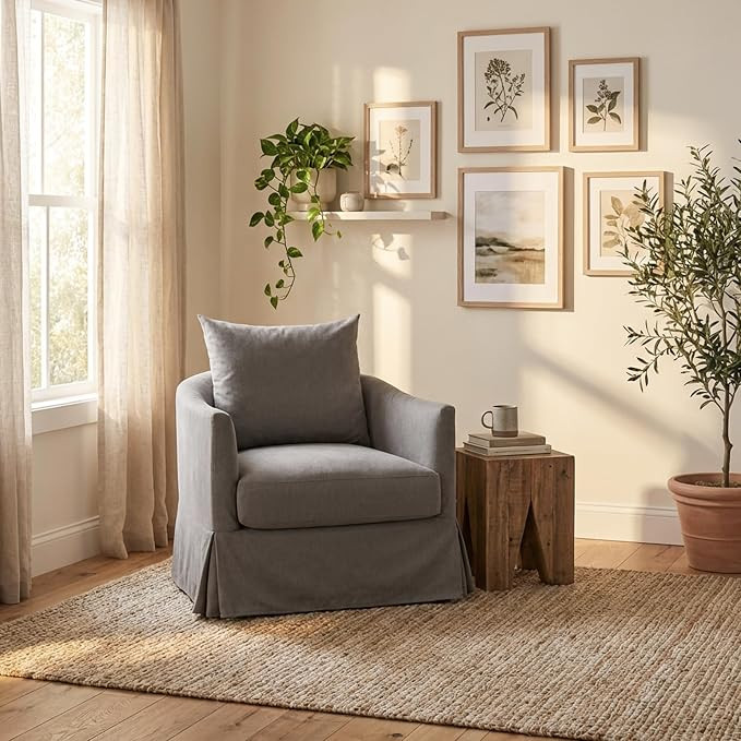 KINWELL 32" Wide Upholstered Down Fill Slipcovered Swivel Barrel Armchair, Modern Comfy Swivel Ac... | Amazon (US)