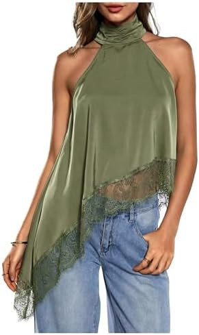 Milumia Women's Halter Neck Sleeveless Top Lace Asymmetrical Hem Summer Going Out Tank Tops | Amazon (US)