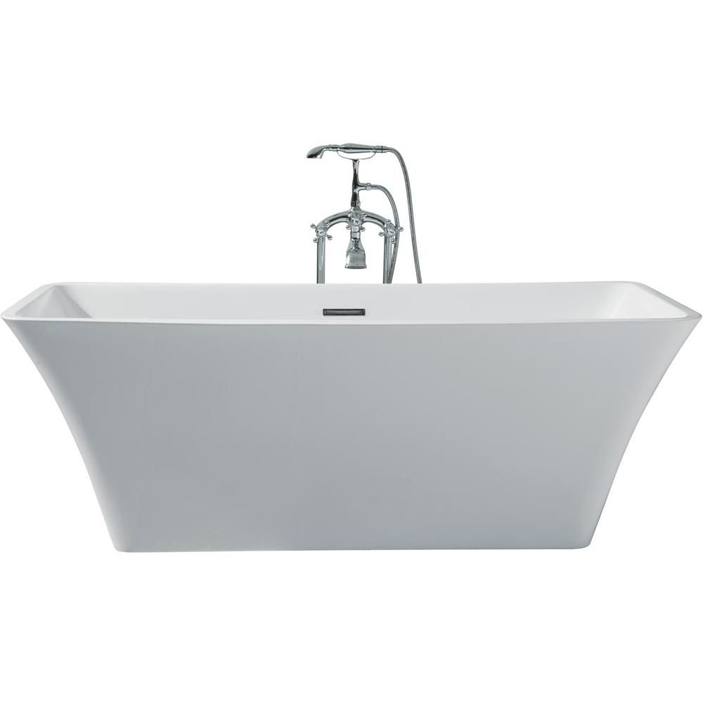 67 in. Acrylic Center Drain Rectangle Flat Bottom Freestanding Bathtub in White | The Home Depot