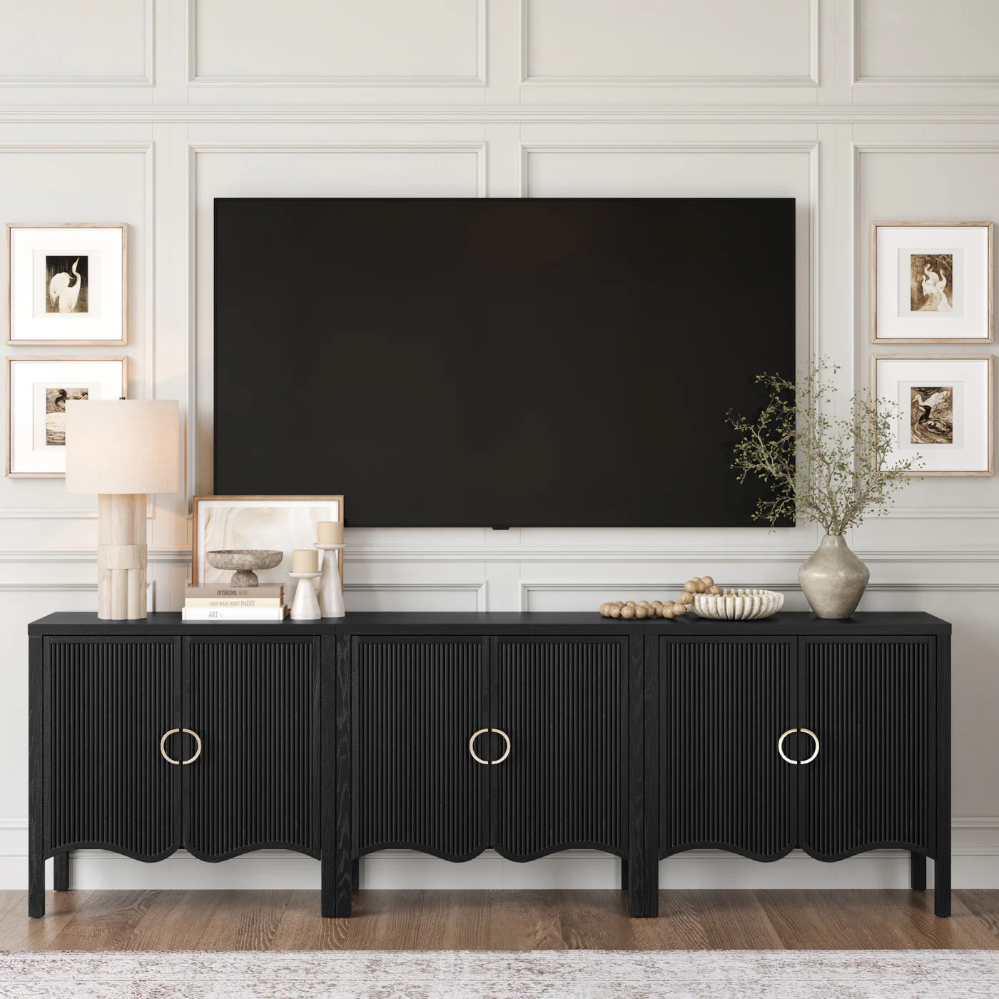 Wood Transitional Fluted Cabinet or TV Stand Black Oak (Set of 3) | Nathan James