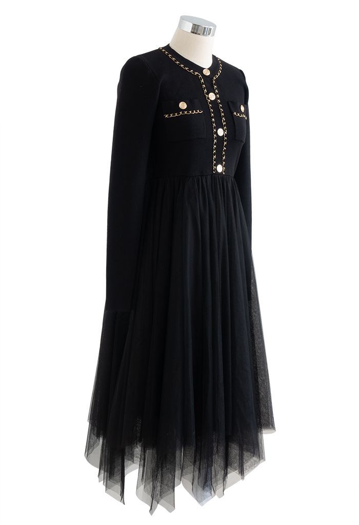 Asymmetric Mesh Spliced Black Knit Midi Dress | Chicwish