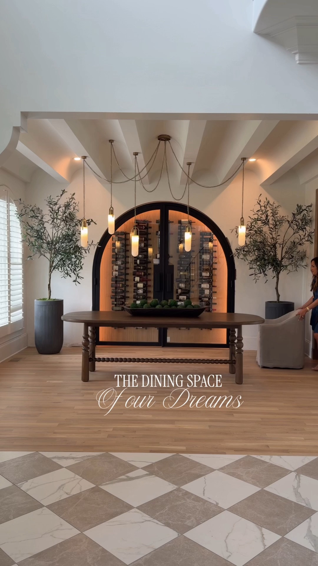 The dining space of our dreams 🥹 I couldn't be more obsessed with how this space turned out. From the barrel ceiling.. to the wine wall..to the multi pendant light fixture 😍. We needed a dining table set that would compliment this entire space. This stunning set from @luluandgeorgia did not disappoint. Craftsmanship is a 10/10. The style and high quality wood finish of the table & upholstered linen chairs are exactly what we are looking. Classic timeless pieces we will keep for years down the line 🥰